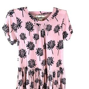 Peek Kids Floral Dress Pink w Black Flowers Short Sleeves Stretch Twirl Size 4T